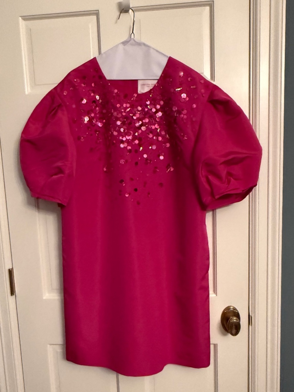 Carolina Herrera New York Fuchsia Silk Embellished Puff-Sleeve Dress – Size 14